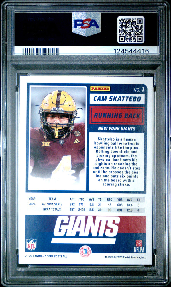 Graded 2025 Panini Score Cam Skattebo #1 Rookie RC Football Card PSA 10 Gem Mint (ONLINE ORDER ONLY)