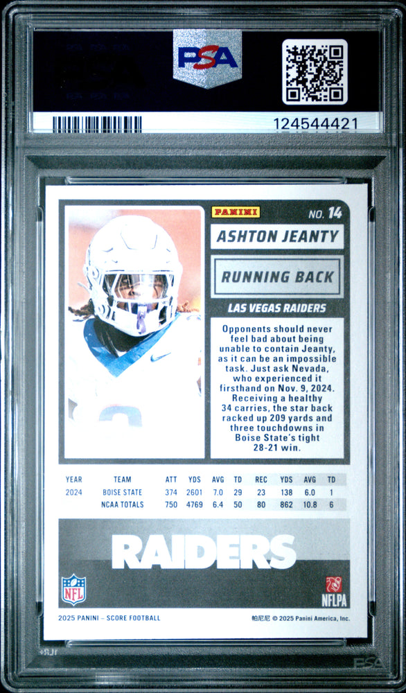 Graded 2025 Panini Score Ashton Jeanty #14 Rookie RC Football Card PSA 8 Near Mint (ONLINE ORDER ONLY)