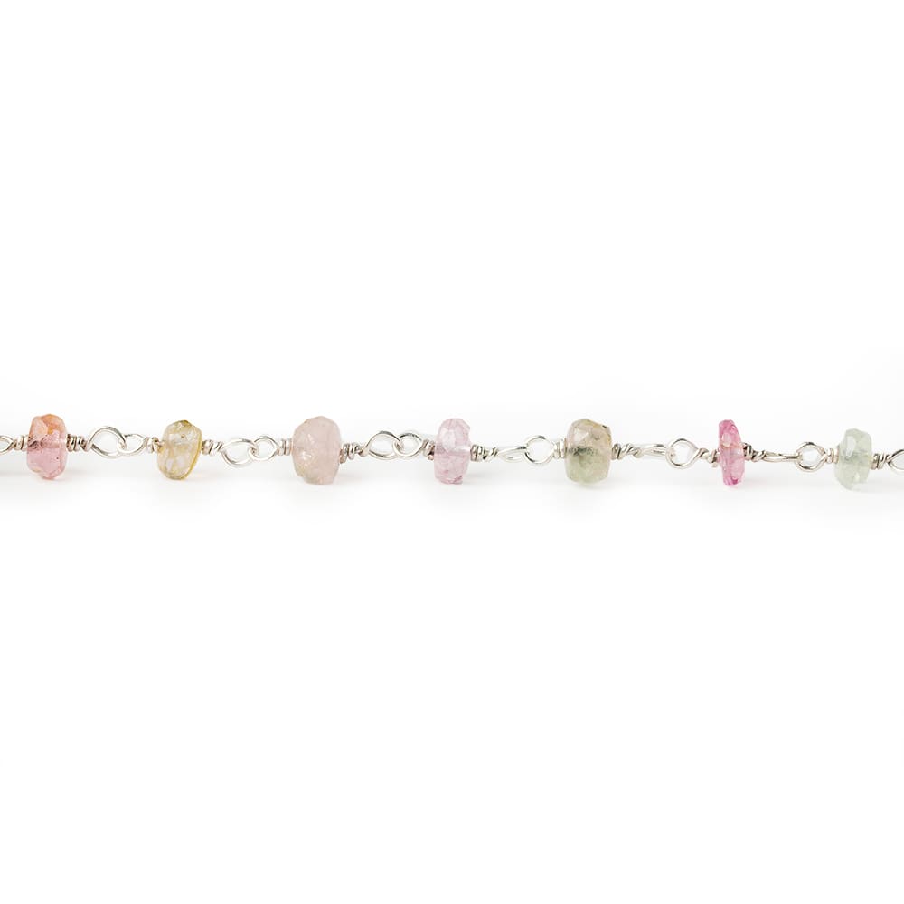 3.5-4mm Afghani Multi Color Tourmaline faceted rondelle Sterling Silver Chain by the foot 42 pieces (ONLINE ORDER ONLY)