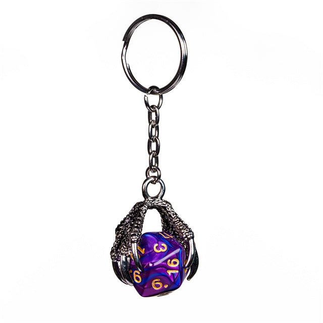 Claw Blended Purple D20 Keychain Featuring Silver Metal Dragon Claw + d20 (Online Only)