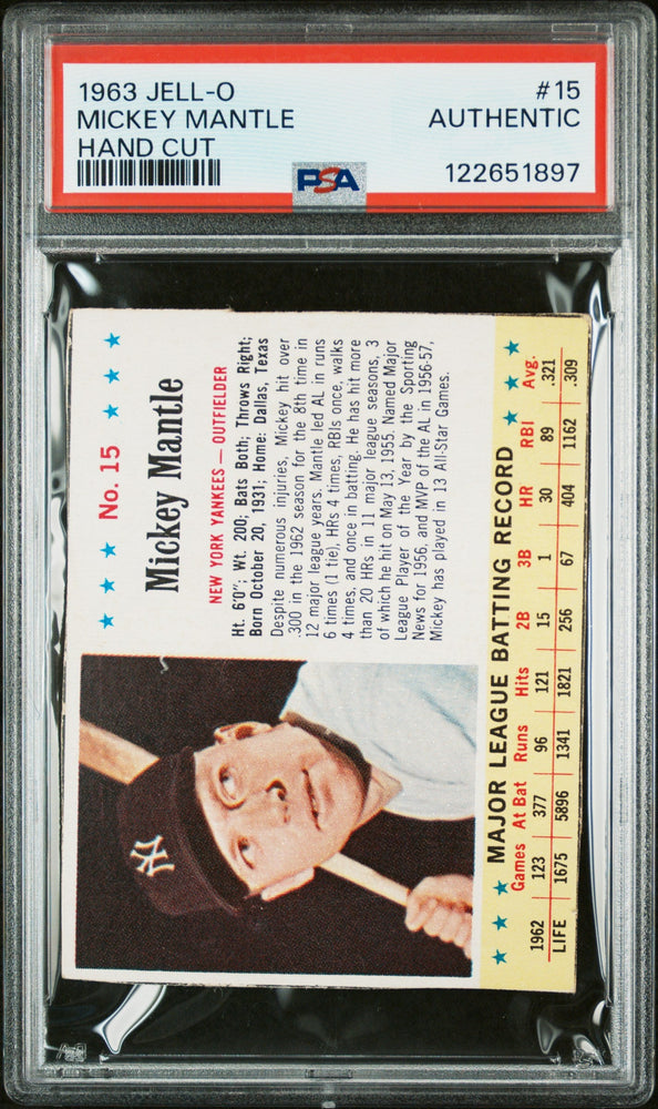 Graded 1963 Jell-O Mickey Mantle #15 Baseball Card PSA Authentic (ONLINE ORDER ONLY)