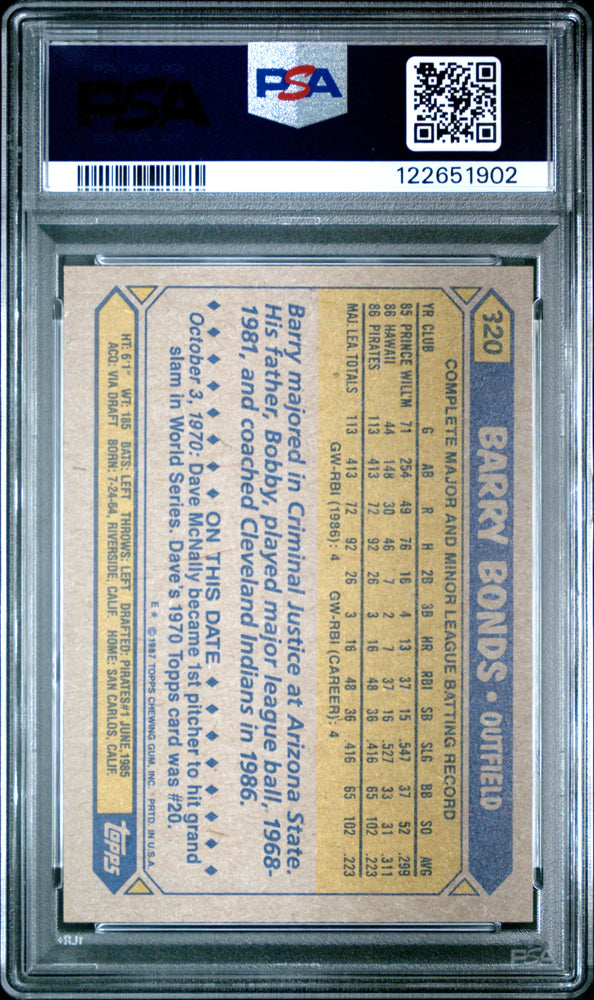 Graded 1987 Topps Barry Bonds #320 Rookie RC Baseball Card PSA 9 Mint (ONLINE ORDER ONLY)