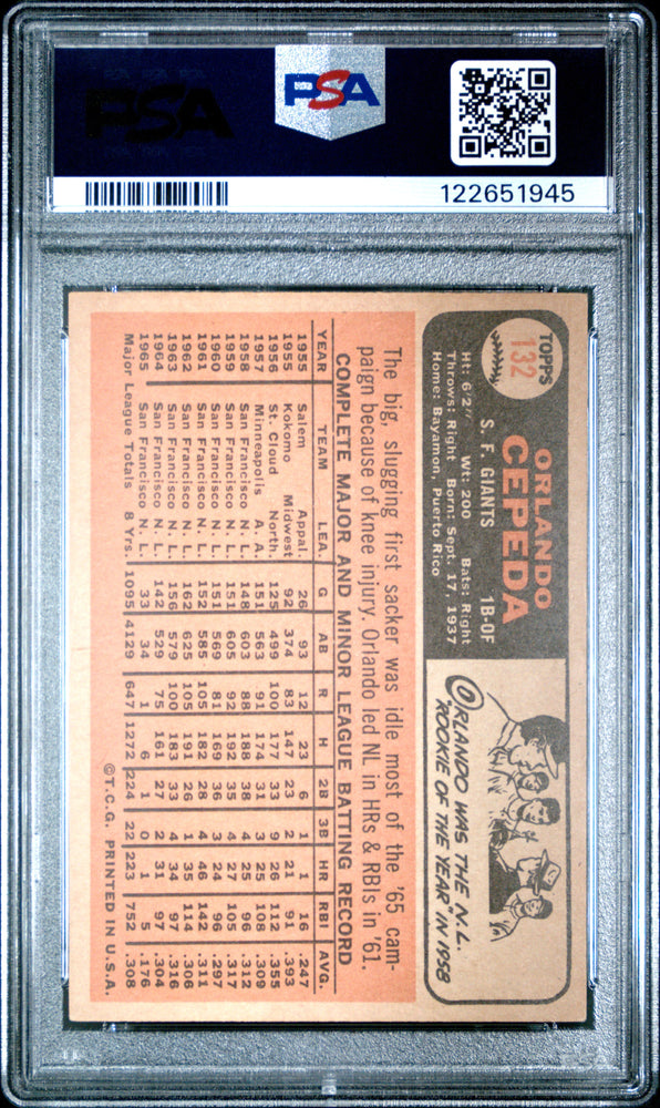 Graded 1966 Topps Orlando Cepeda #132 Baseball Card PSA 5 Excellent (ONLINE ORDER ONLY)
