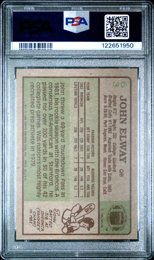 Graded 1984 Topps John Elway #63 Rookie RC Football Card PSA 6 Excellent (ONLINE ORDER ONLY)