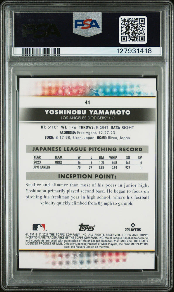 Graded 2024 Topps Inception Yoshinobu Yamamoto #44 Green Rookie RC Baseball Card PSA 10 Gem Mint (ONLINE ORDER ONLY)