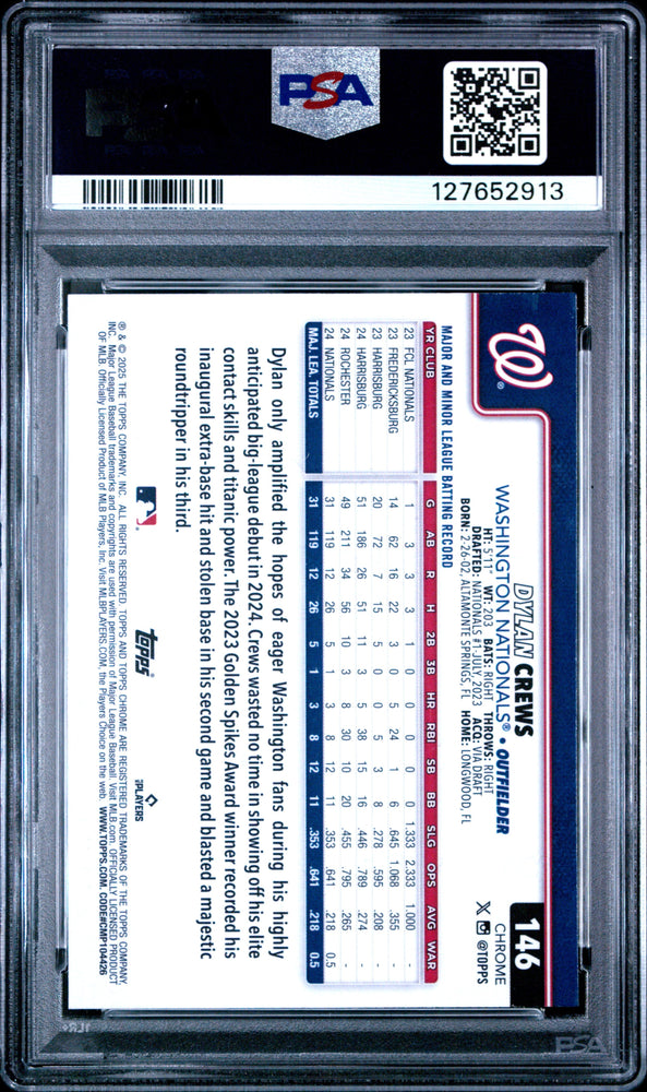 Graded 2025 Topps Chrome Dylan Crews #146 Rookie RC Baseball Card PSA 10 Gem Mint (ONLINE ORDER ONLY)