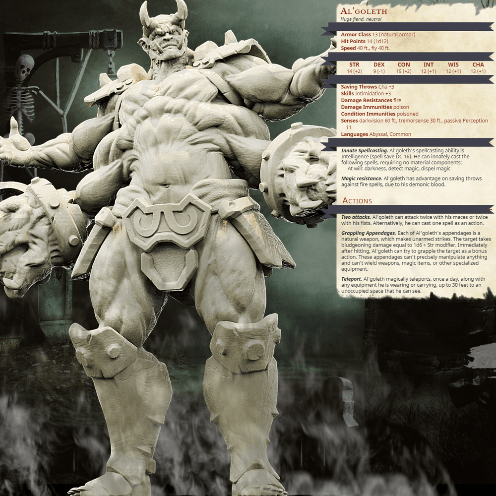 3D Printed Bestiary Vol. 4 Nafarrate - Al'Goleth Demon Fiend 32mm Ragnarok D&D (Online Only)