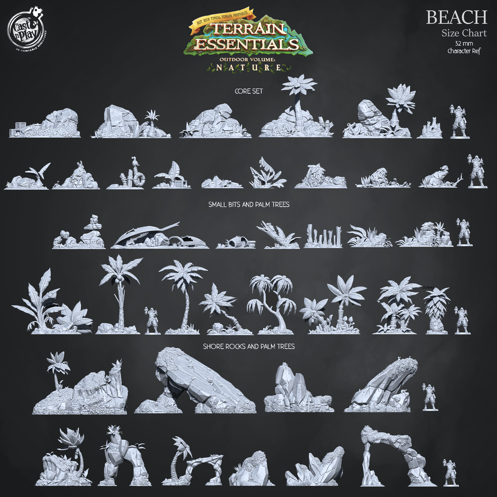 3D Printed Cast n Play Beach Shore Rocks w Palm Trees Terrain Essentials Nature 28mm 32mm D&D (Online Only)
