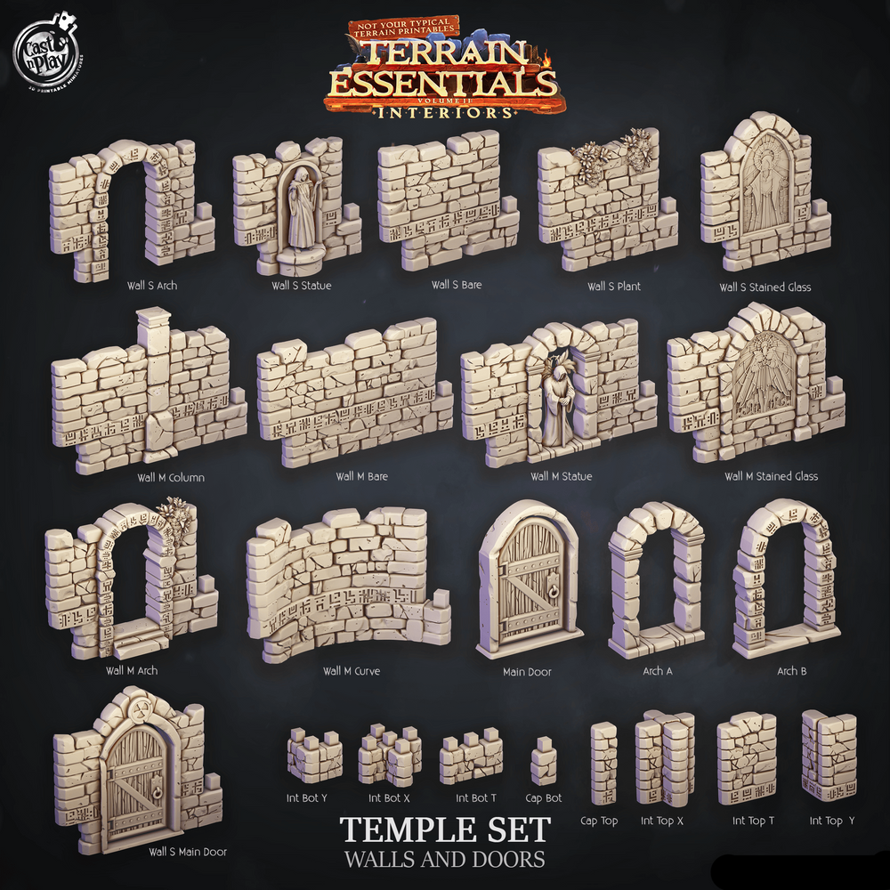 3D Printed Cast n Play Temple Walls and Doors Terrain Essentials 28mm 32mm D&D (Online Only)