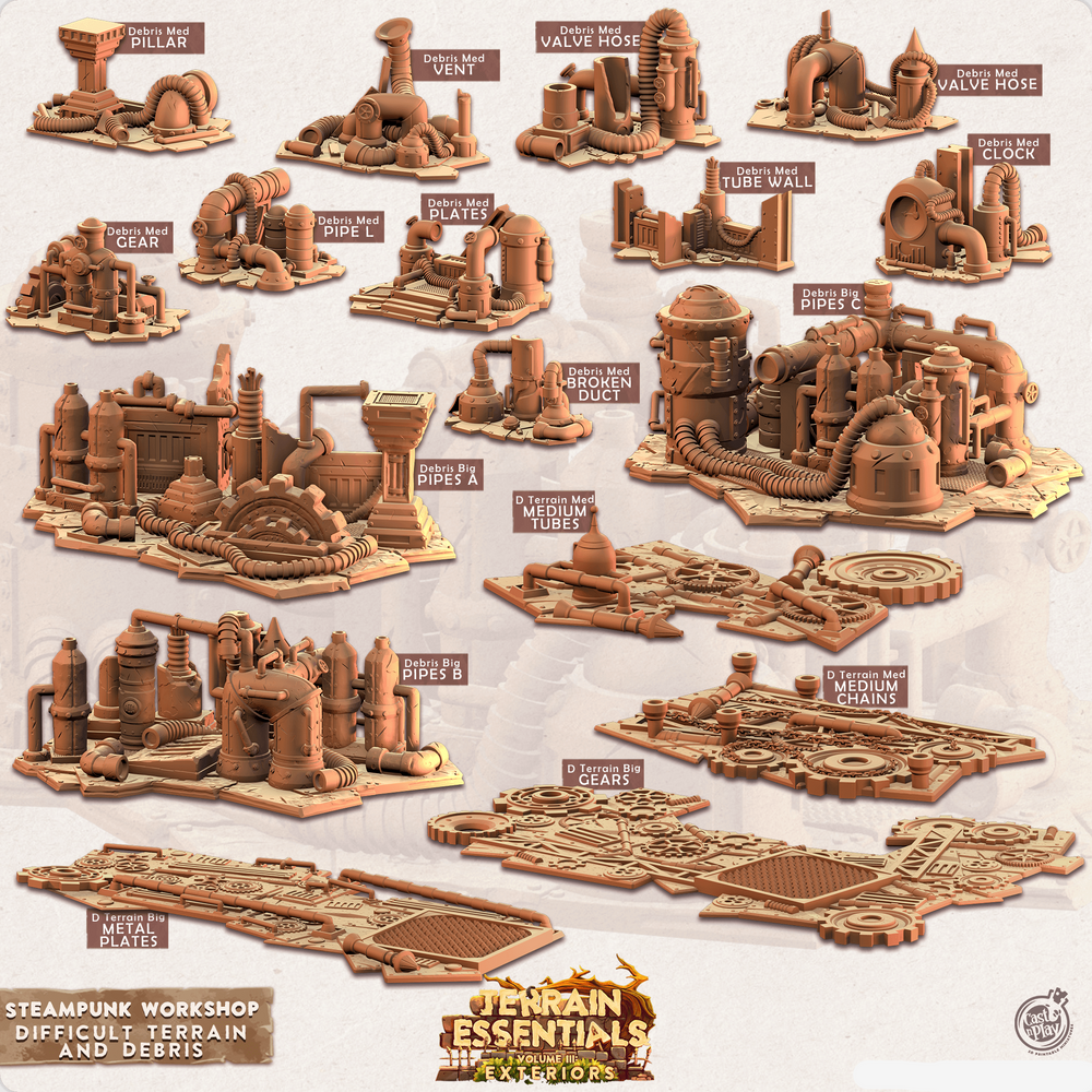 3D Printed Cast n Play Terrain Essentials - Steampunk Workshop Difficult Terrain and Debris (Online Only)