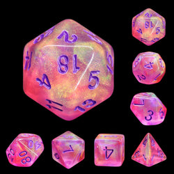Cheshire Glitter Pink with Purple Numbering 7-Dice Set RPG (Online Only)