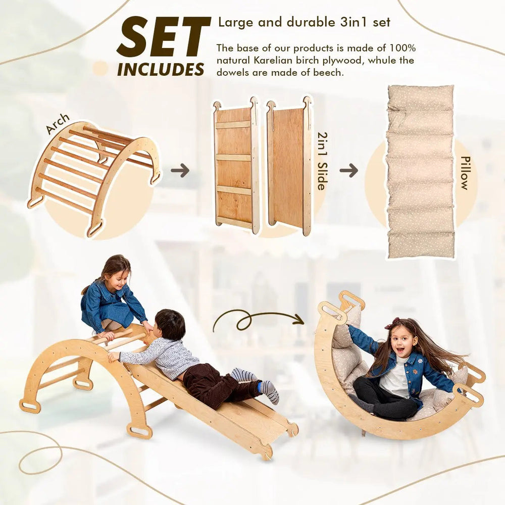3in1 Montessori Climbing Set: Climbing Arch + Slide Board + Cushion - Beige (ONLINE ORDER ONLY)