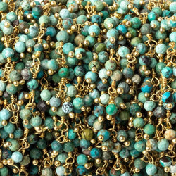 3mm Chinese Turquoise micro faceted round Gold Dangling Chain by the foot (ONLINE ORDER ONLY)