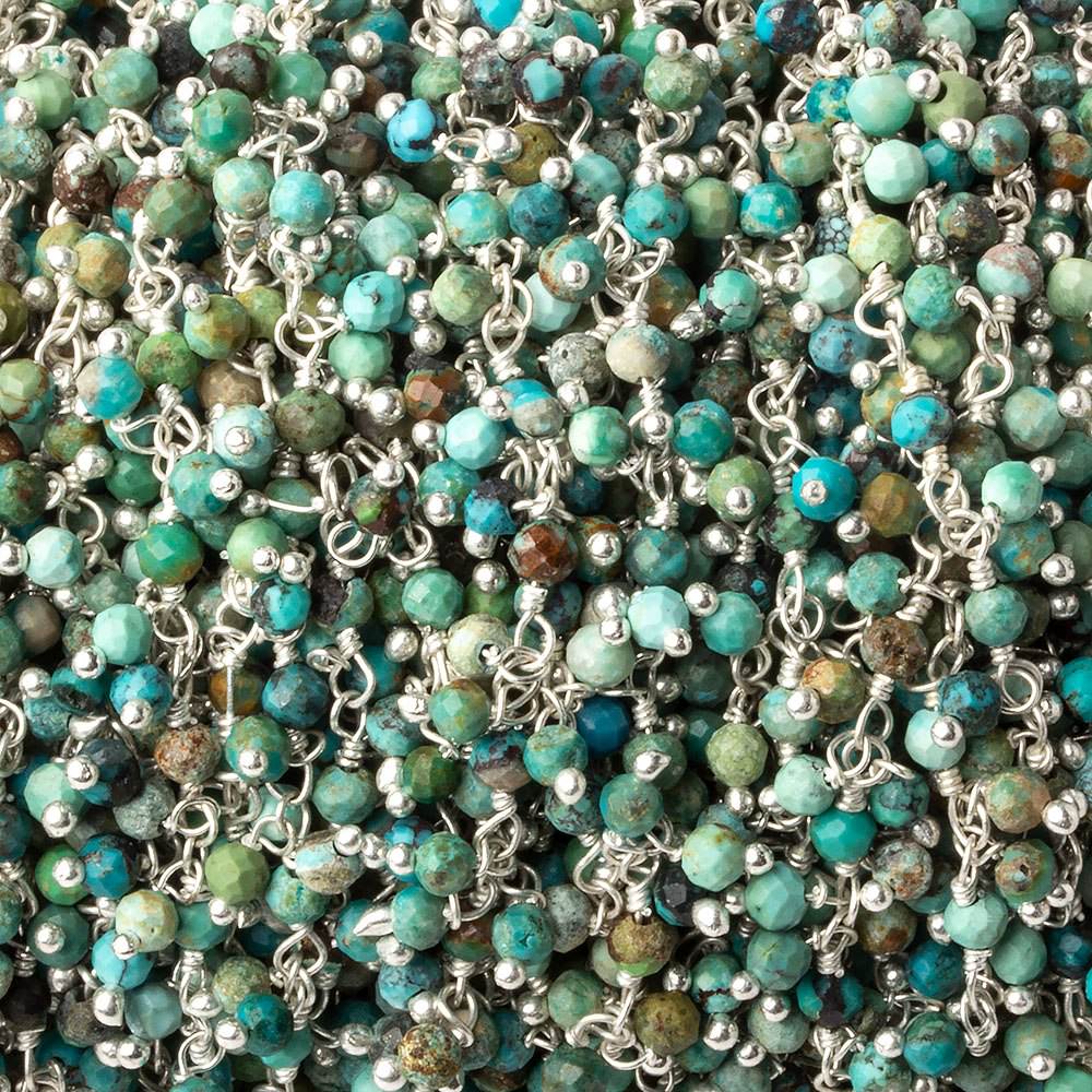 3mm Chinese Turquoise micro faceted round Silver Dangling Chain by the foot (ONLINE ORDER ONLY)