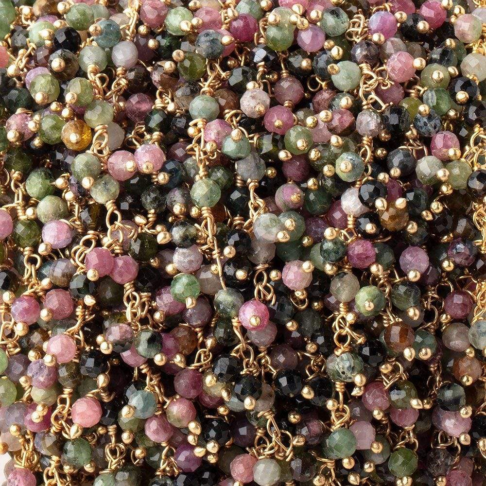 3mm Multi Color Tourmaline micro-faceted round Gold Dangling Chain by the foot (ONLINE ORDER ONLY)