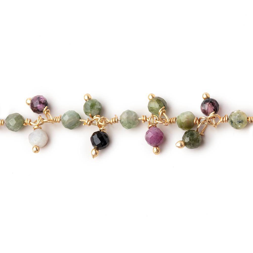 3mm Multi Color Tourmaline micro-faceted round Gold Dangling Chain by the foot (ONLINE ORDER ONLY)