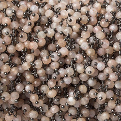 3mm Peach Moonstone micro-faceted round Black Gold Dangling Chain by the foot