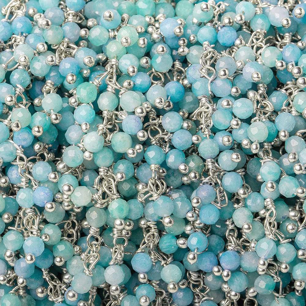 3mm Sky Blue Agate micro-faceted round Silver Dangling Chain by the foot (ONLINE ORDER ONLY)