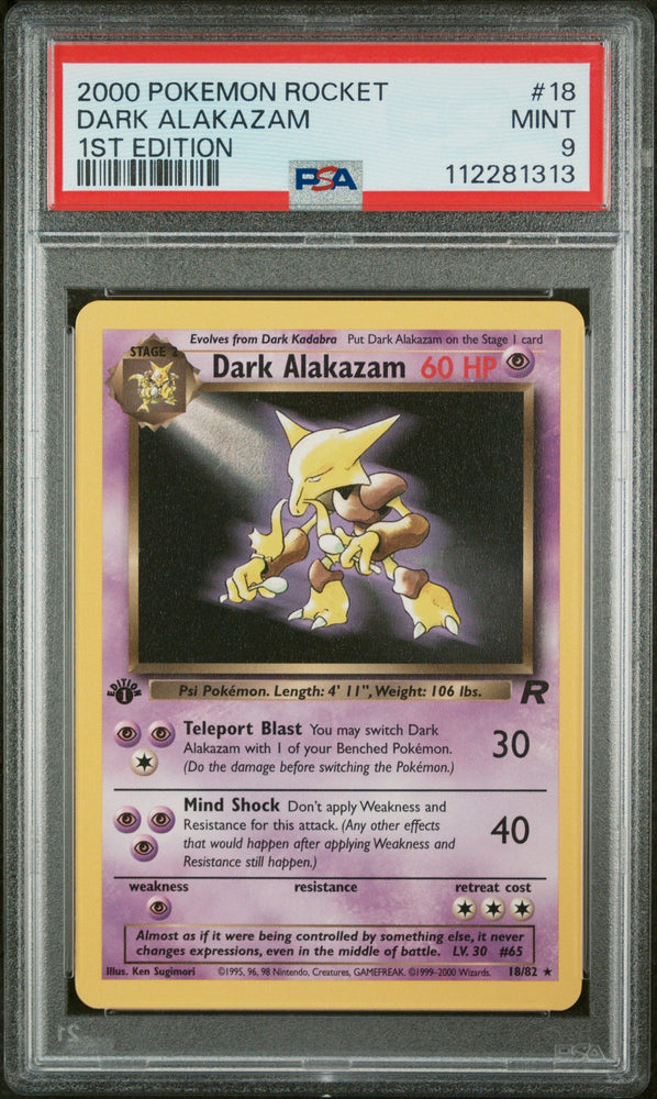 Graded 2000 PKM Rocket #18 Dark Alakazam 1st Edition Trading Card Game PSA 9 Mint (ONLINE ORDER ONLY)