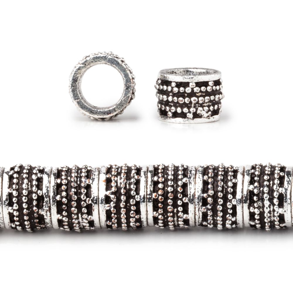 9mm Antiqued Sterling Silver Plated Copper Miligrain Tubes 8 inch 31 beads Large Hole (ONLINE ORDER ONLY)
