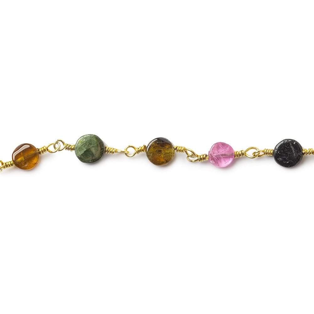 4.5-5mm Multi Color Tourmaline plain coin Gold plated Chain by the foot 25 beads A (ONLINE ORDER ONLY)