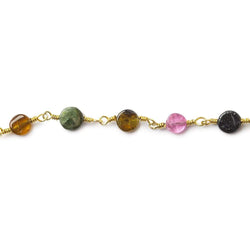 4.5-5mm Multi Color Tourmaline plain coin Gold plated Chain by the foot 25 beads A (ONLINE ORDER ONLY)