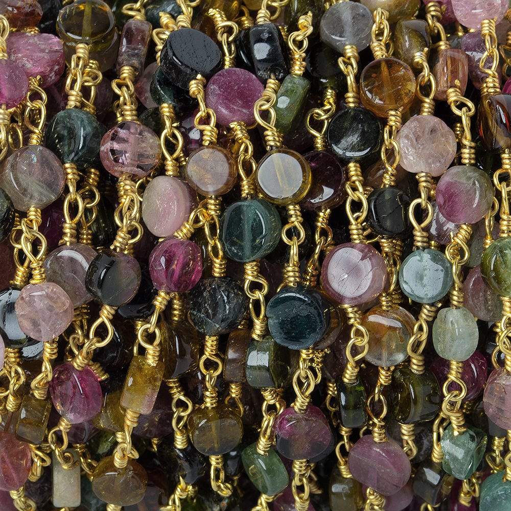 4.5-5mm Multi Color Tourmaline plain coin Gold plated Chain by the foot 25 beads A (ONLINE ORDER ONLY)