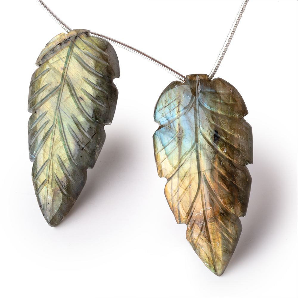 45x22mm Multi Color Labradorite Carved Leaf Focal Set of 2 Beads (ONLINE ORDER ONLY)