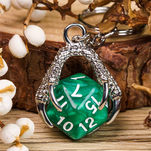Claw Green D20 Keychain Featuring Silver Metal Dragon Claw + d20 (Online Only)