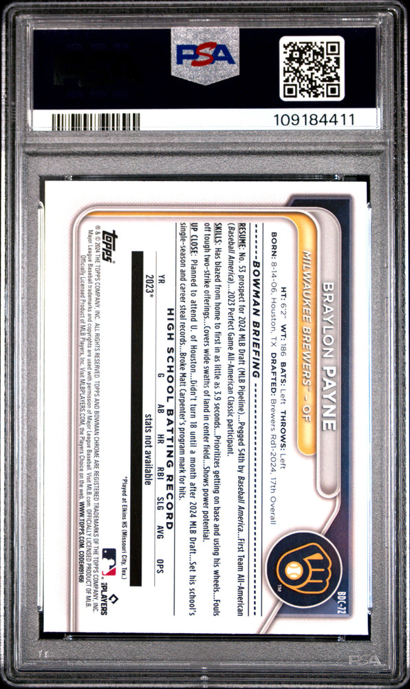 Graded 2024 Topps Bowman Sapphire Edition Braylon Payne #BDC72 Rookie RC Baseball Card PSA 10 Gem Mint (ONLINE ORDER ONLY)