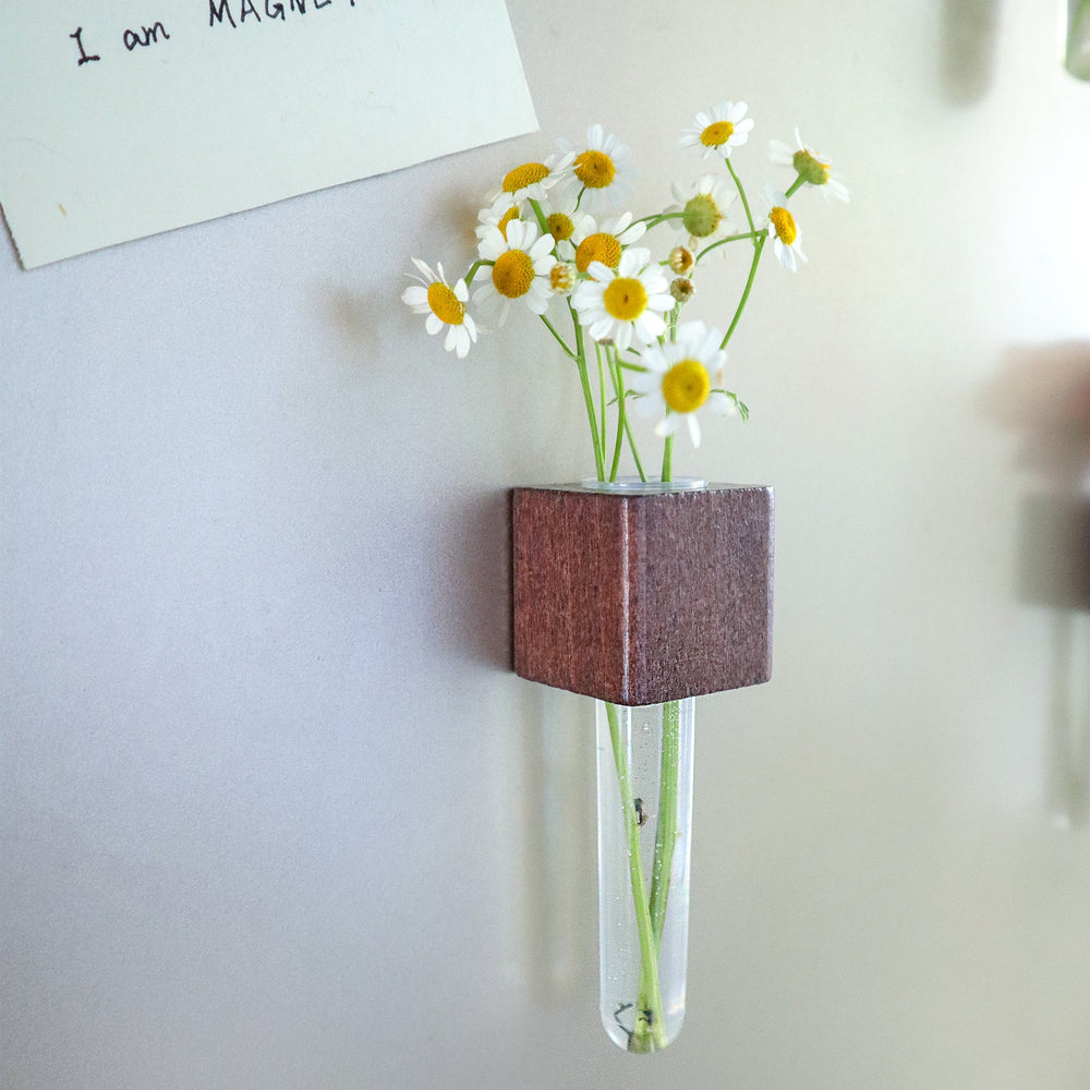 Mini Vase Magnets – Set of 2 – Beech & Walnut Wood – Decorative Fridge Magnets for Small Flowers or Greenery