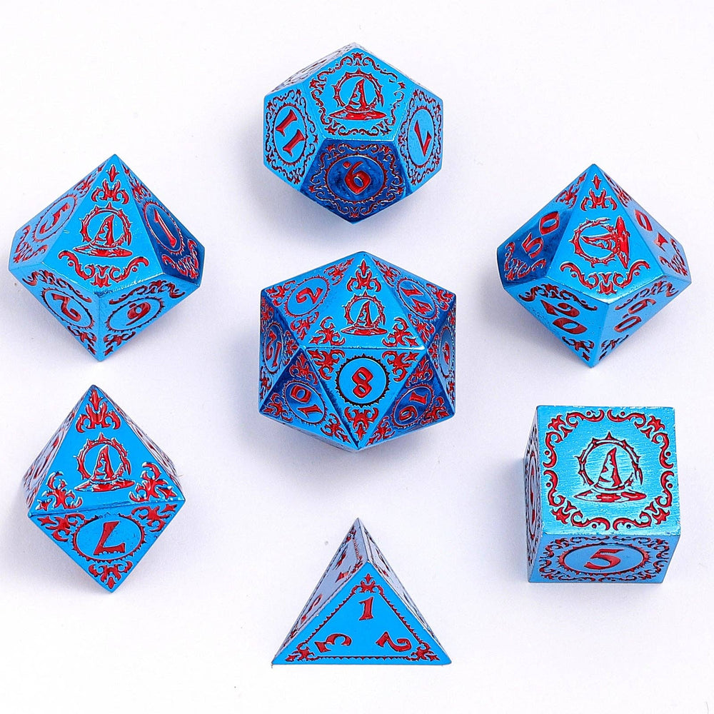 Wizard Solid Metal Polyhedral Dice Set - Blue with Red (ONLINE ORDER ONLY)