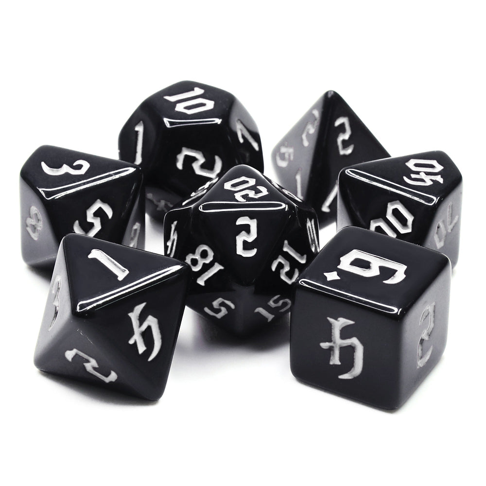Economy Black Dice (White font) 7-Dice Set RPG DND (Online Only)