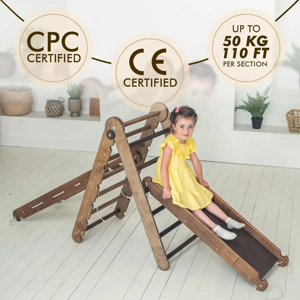 3in1 Montessori Climbing Set: Triangle Ladder + Slide Board + Net – Chocolate (ONLINE ORDER ONLY)