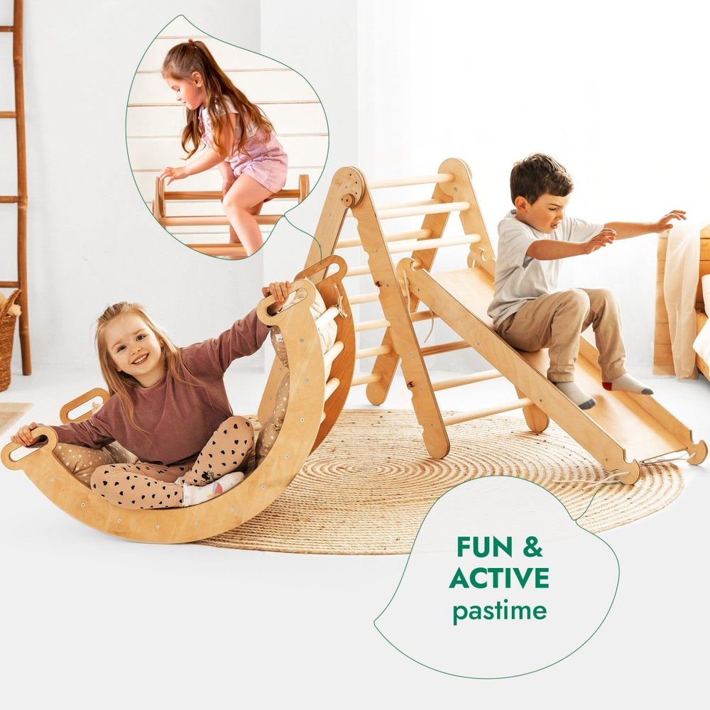 4in1 Montessori Climbing Set: Triangle Ladder + Climbing Arch + Slide Board & Cushion – Beige (ONLINE ORDER ONLY)