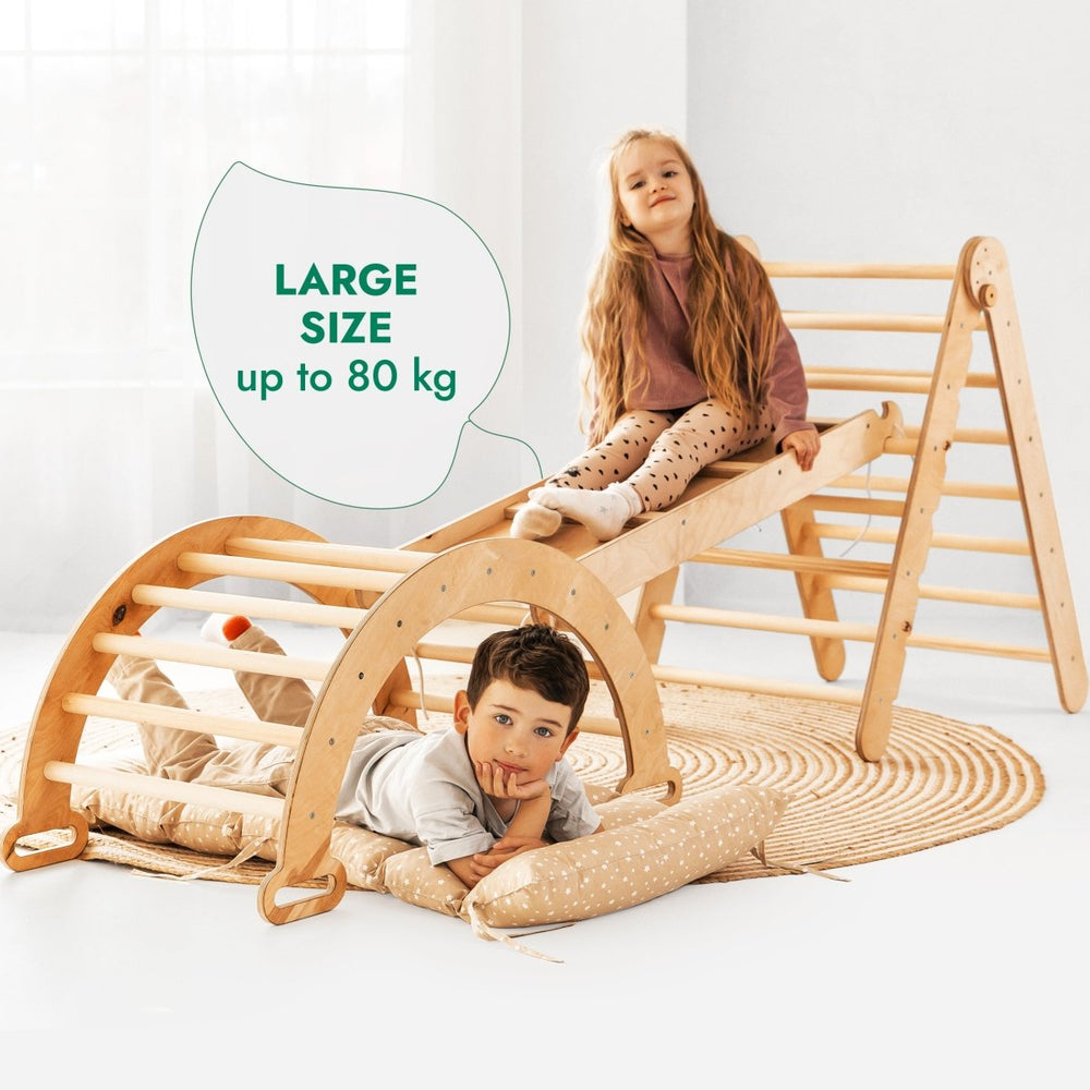 4in1 Montessori Climbing Set: Triangle Ladder + Climbing Arch + Slide Board & Cushion – Beige (ONLINE ORDER ONLY)
