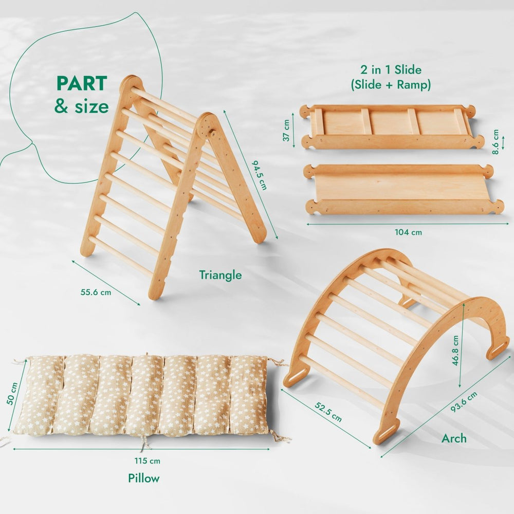 4in1 Montessori Climbing Set: Triangle Ladder + Climbing Arch + Slide Board & Cushion – Beige (ONLINE ORDER ONLY)