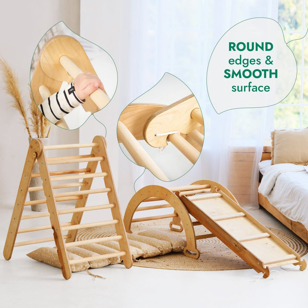 4in1 Montessori Climbing Set: Triangle Ladder + Climbing Arch + Slide Board & Cushion – Beige (ONLINE ORDER ONLY)