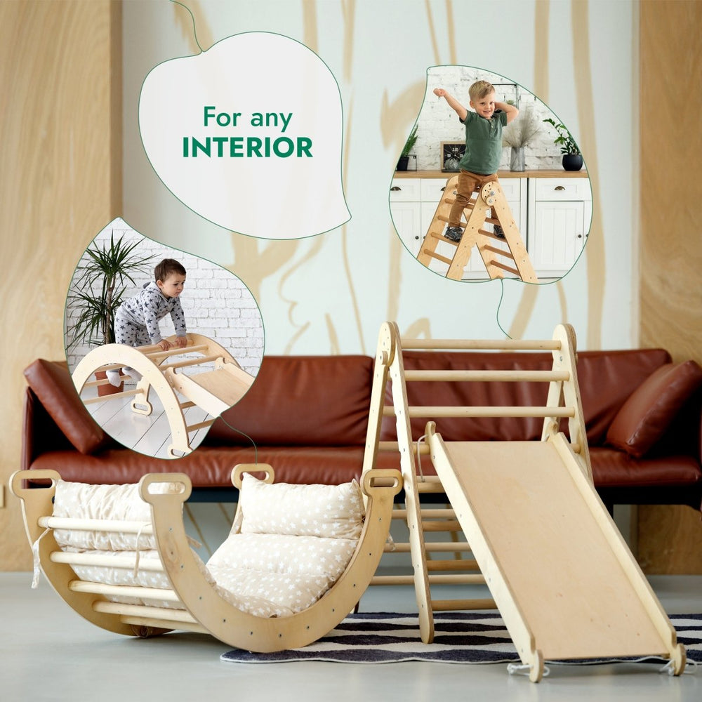 4in1 Montessori Climbing Set: Triangle Ladder + Climbing Arch + Slide Board & Cushion – Beige (ONLINE ORDER ONLY)