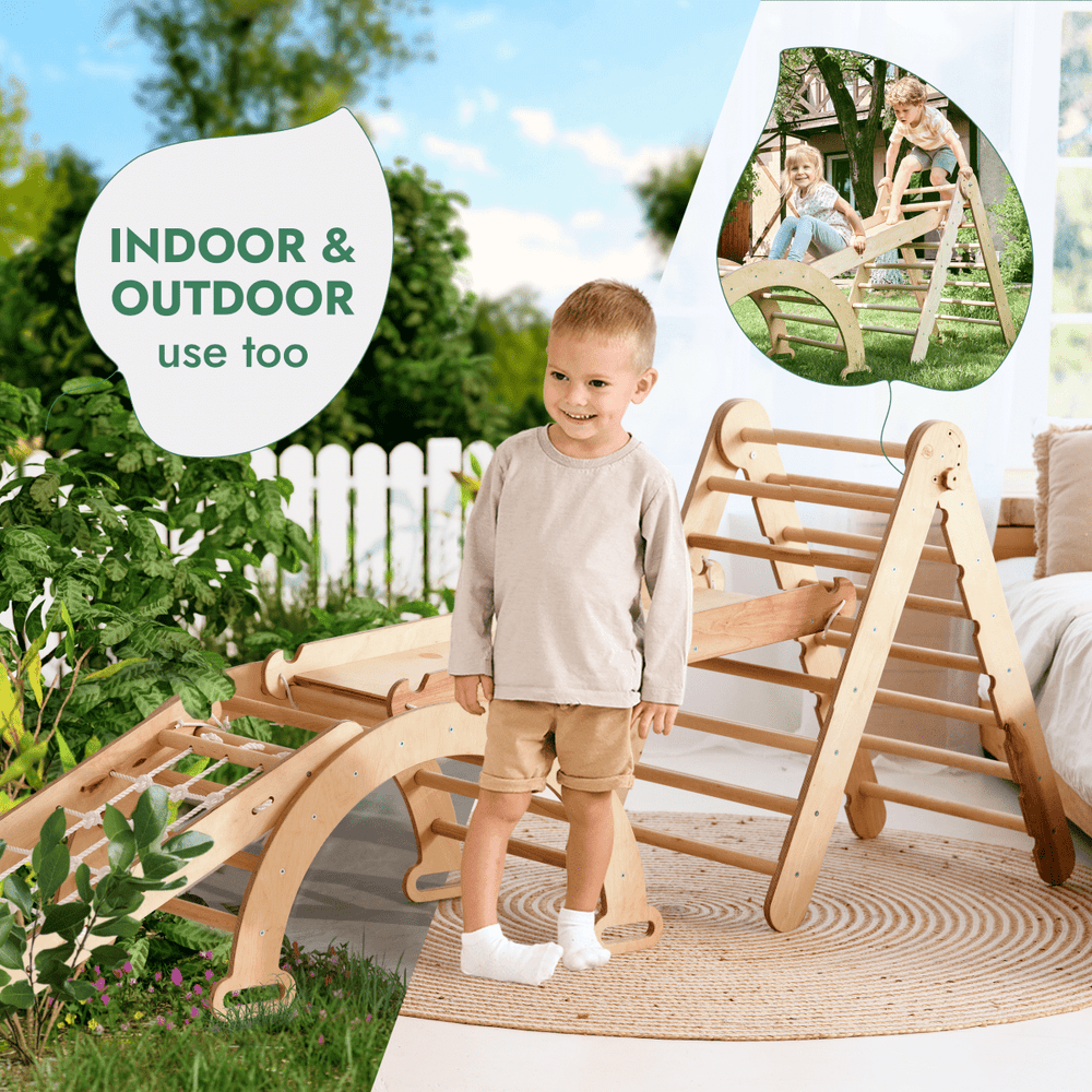 4in1 Montessori Climbing Set: Triangle Ladder + Climbing Arch + Slide Board + Net – Beige (ONLINE ORDER ONLY)