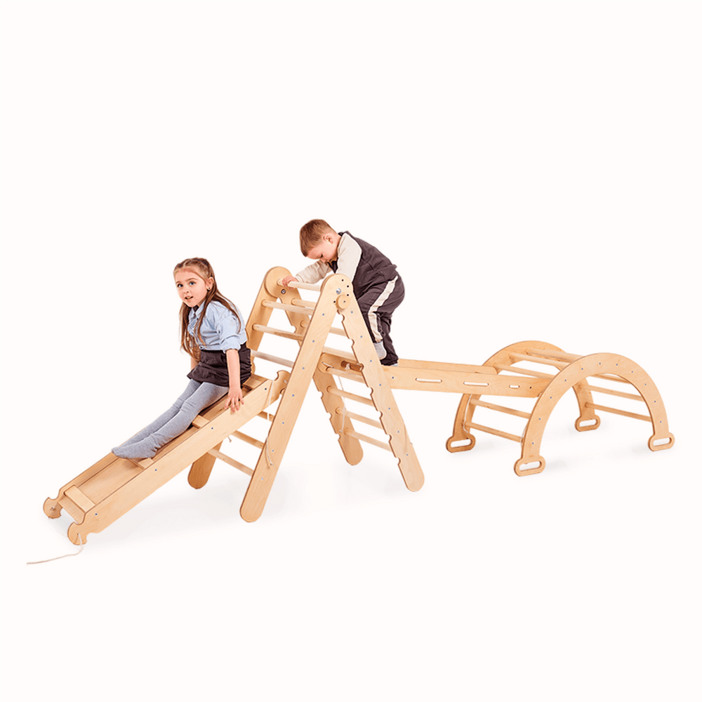 4in1 Montessori Climbing Set: Triangle Ladder + Climbing Arch + Slide Board + Net – Beige (ONLINE ORDER ONLY)