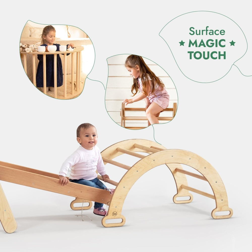 4in1 Montessori Climbing Set: Triangle Ladder + Climbing Arch + Slide Board + Net – Beige (ONLINE ORDER ONLY)