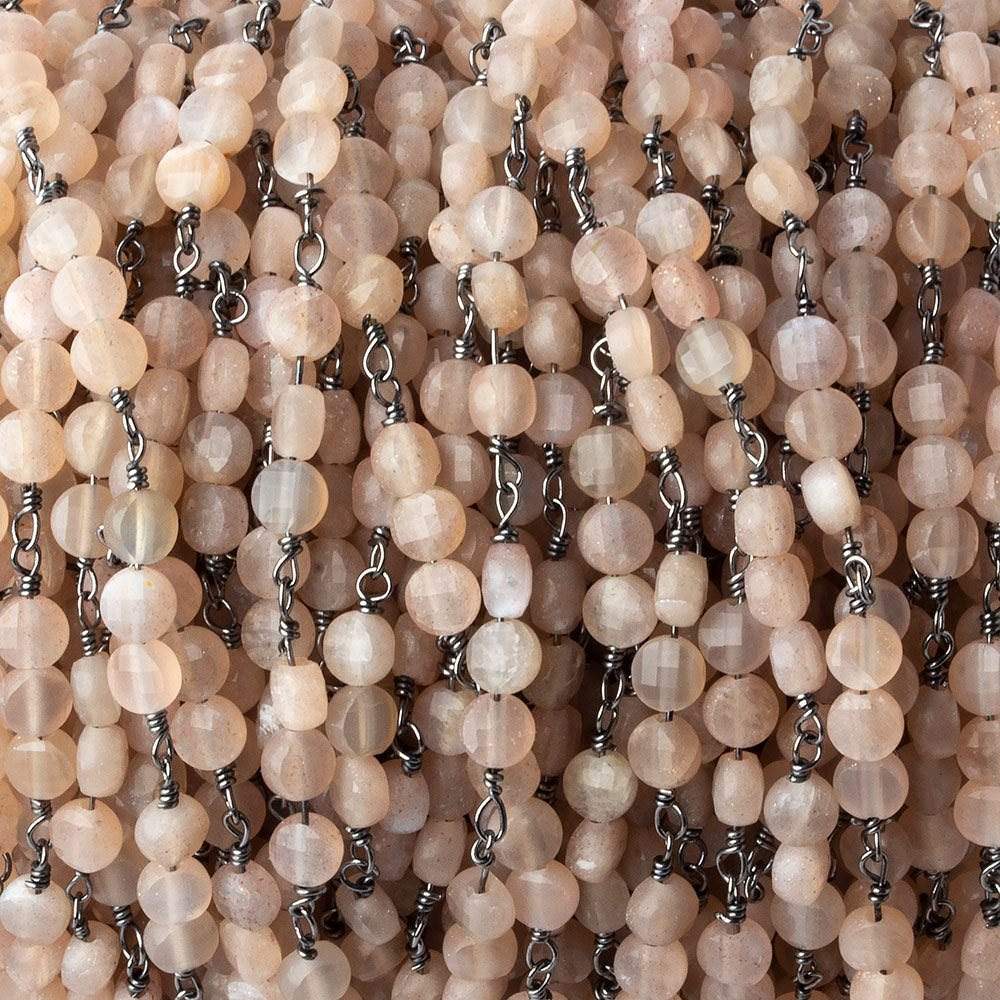 4mm Angel Skin Peach Moonstone faceted coin Trio Black Gold Chain by the foot 54 beads per length (ONLINE ORDER ONLY)