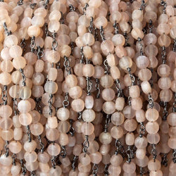 4mm Angel Skin Peach Moonstone faceted coin Trio Black Gold Chain by the foot 54 beads per length (ONLINE ORDER ONLY)