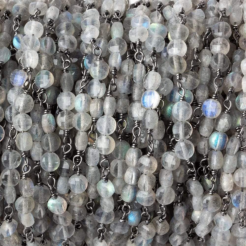 4mm Labradorite faceted coin Trio Black Gold Chain by the foot 54 beads per length (ONLINE ORDER ONLY)