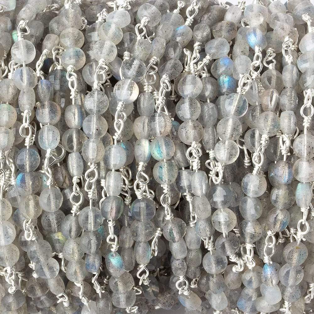 4mm Labradorite faceted coin Trio Silver Plated Chain by the foot 54 beads per length (ONLINE ORDER ONLY)