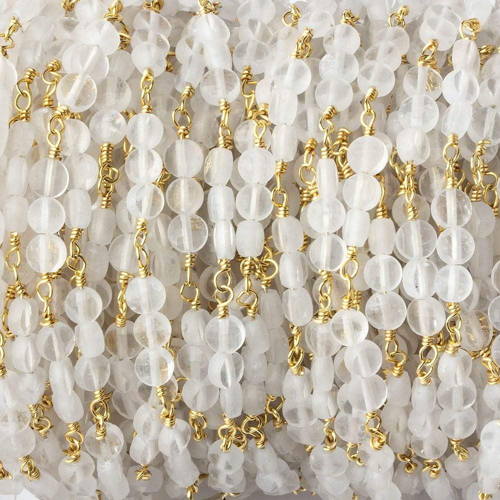 4mm Matte Crystal Quartz faceted coin Trio Gold Chain by the foot 54 beads per length (ONLINE ORDER ONLY)