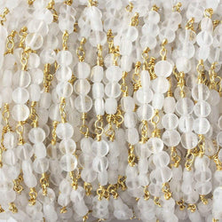 4mm Matte Crystal Quartz faceted coin Trio Gold Chain by the foot 54 beads per length (ONLINE ORDER ONLY)