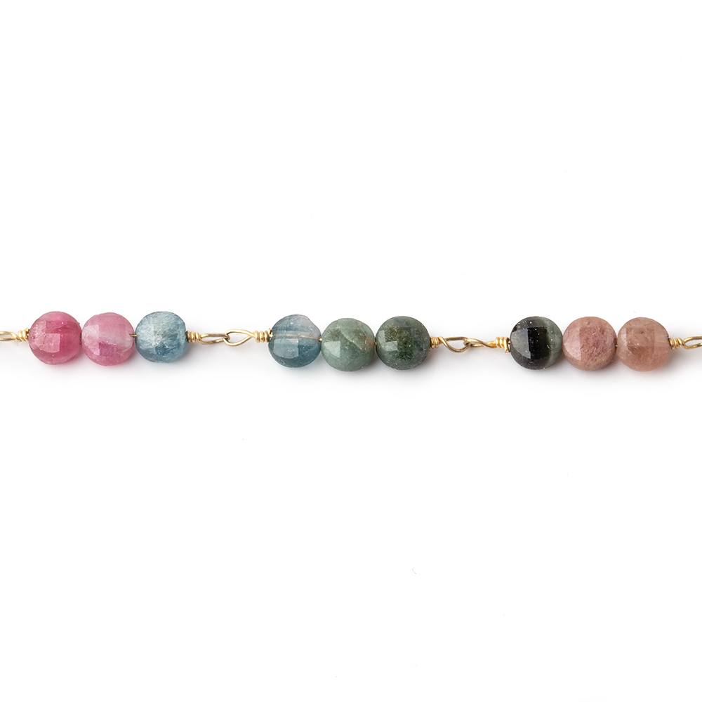 4mm Multi Color Tourmaline Faceted Coin Trio Gold Plated Chain by the Foot 51 beads (ONLINE ORDER ONLY)