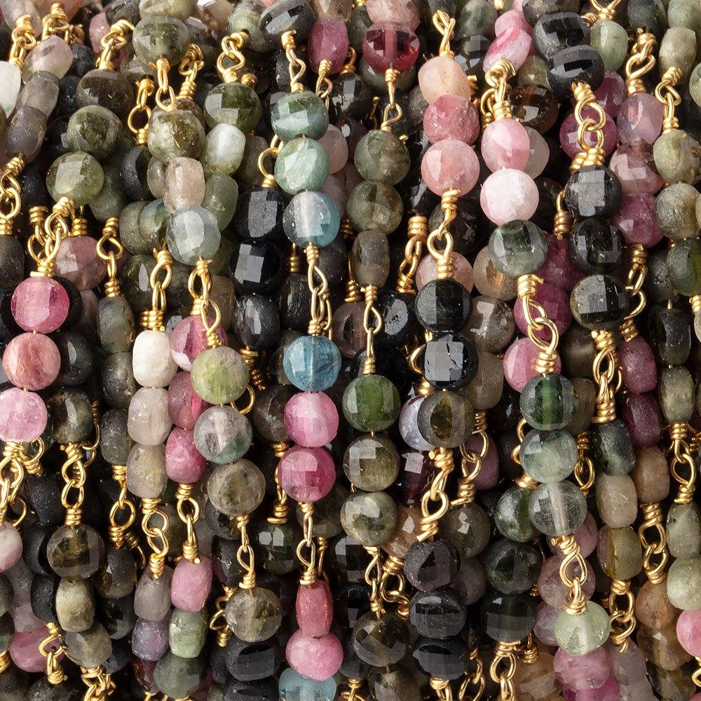 4mm Multi Color Tourmaline Faceted Coin Trio Gold Plated Chain by the Foot 51 beads (ONLINE ORDER ONLY)